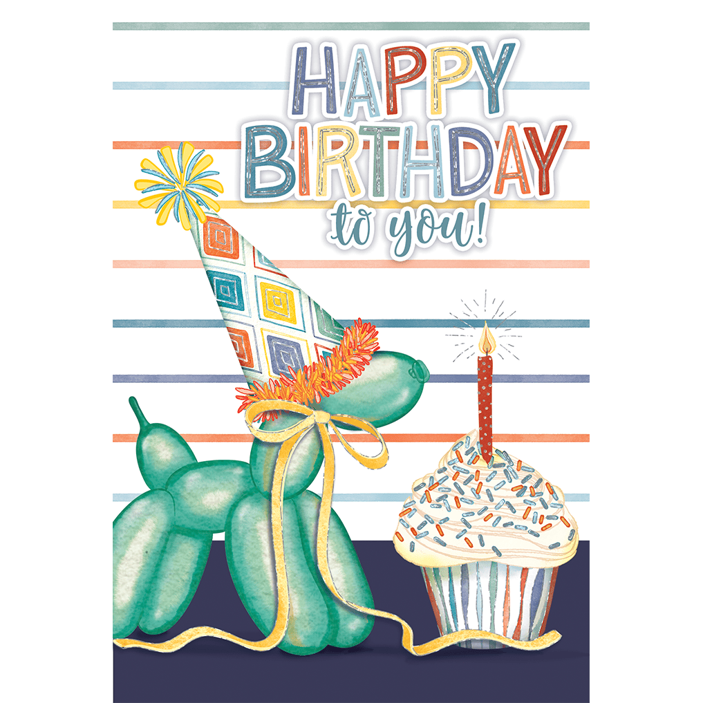 Colorful balloon dog cupcake birthday card by Cardmore, featuring a playful balloon dog design on a cheerful background.